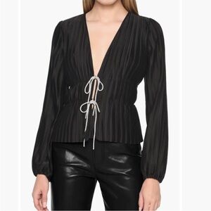 WAYF Black V-Neck Payton Plunge Neck Plissé Top Blouse rhinestone bow bows